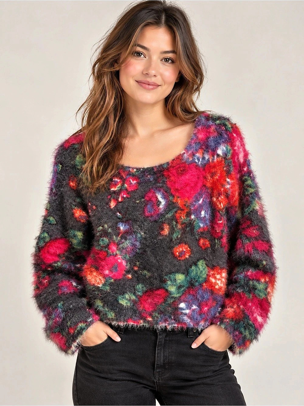Anthropologie Meadow Rue Floral Sweater in Black & Pink Size Small